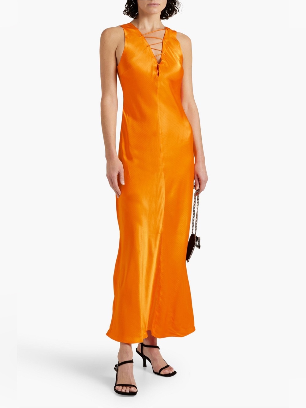 FRAME lace up satin-jacquard orange maxi dress size XS